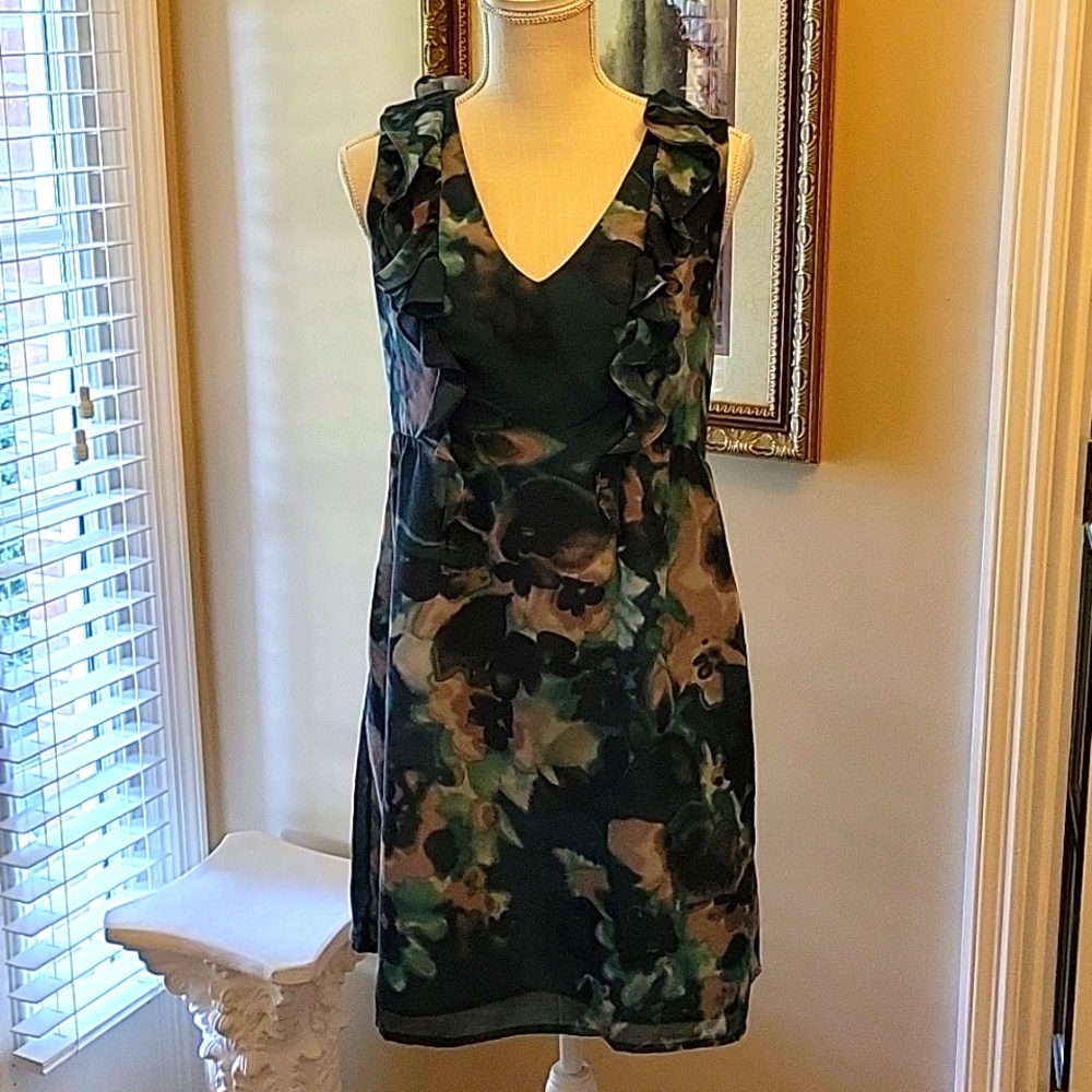 Ann Taylor Loft muted blue green cream Ruffle sleeveless dress lined POCKETS 4 …